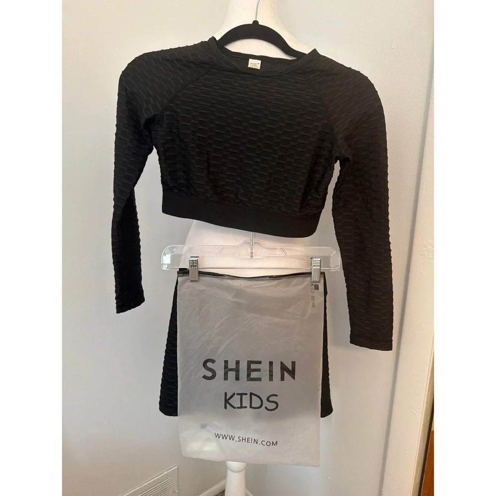 SHEIN‎ Kids Girls Black Honeycomb Textured Activewear Set Crop Top Shorts 11-12Y